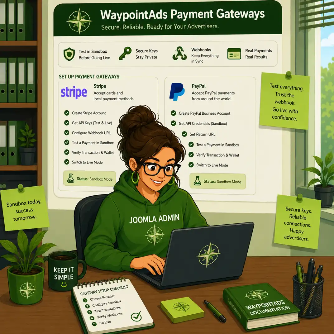 WaypointAds Joomla Administrator configuring Stripe and PayPal payment gateways, including Sandbox testing, secure keys, webhooks, and live payment setup.