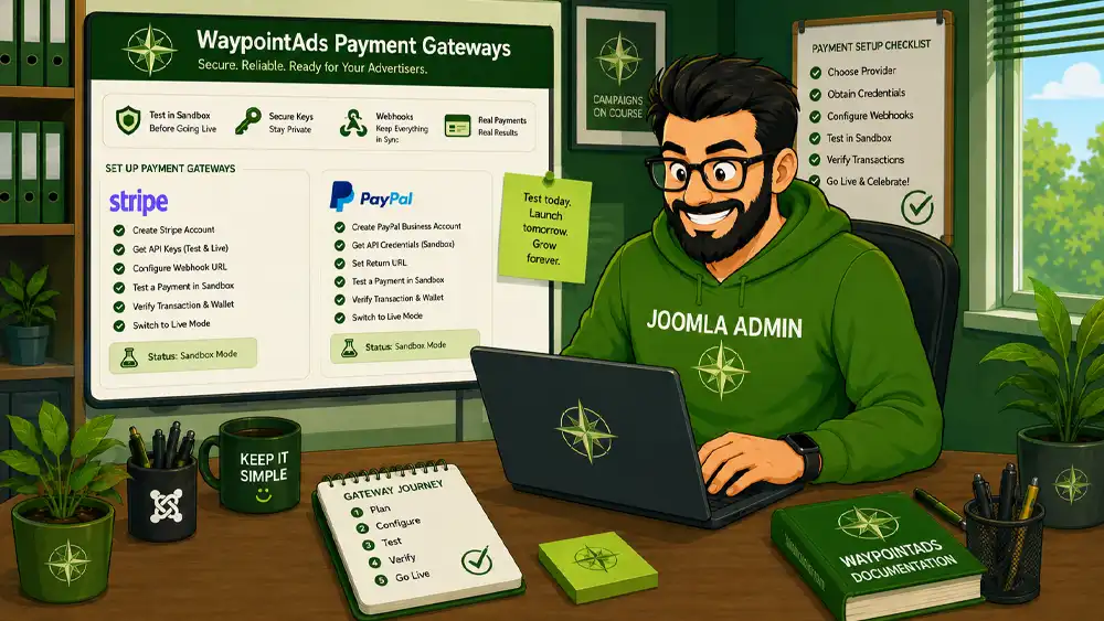 WaypointAds Joomla Administrator enjoying the process of configuring Stripe and PayPal payment gateways, testing transactions, webhooks, and Sandbox settings.
