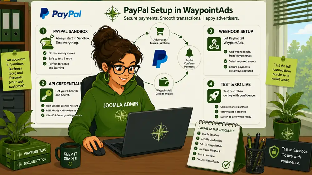 A Joomla administrator configures PayPal in WaypointAds, with illustrated steps for Sandbox testing, API credentials, webhooks, and secure payment processing.