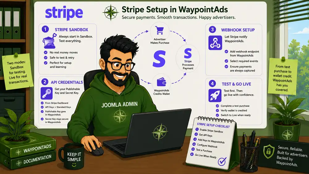 A Joomla administrator configures Stripe in WaypointAds, with illustrated steps for Sandbox testing, API credentials, webhooks, and secure payment processing.