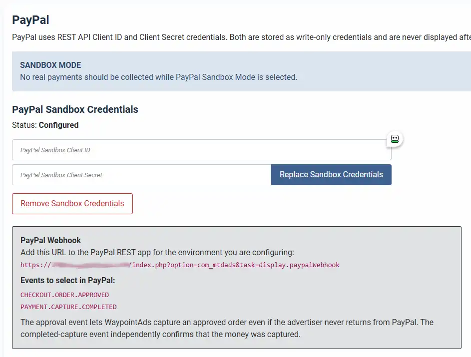 WaypointAds Paypal Credential Input Screen The Paypal credentials input screen in WaypointAds