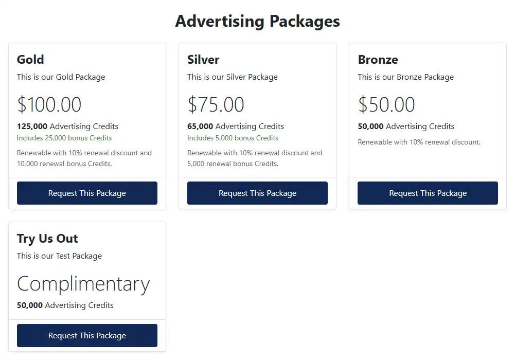 The Complimentary Package is set for one customer only An Example Rate Card in WaypointAds