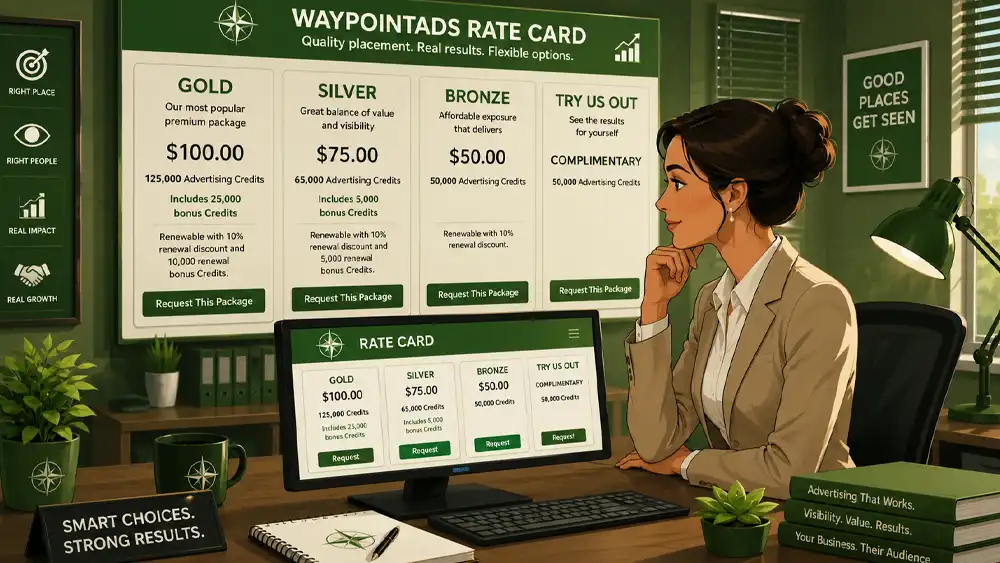 Professional advertiser reviews WaypointAds Rate Card packages and advertising credit options on her computer in a green-themed office.