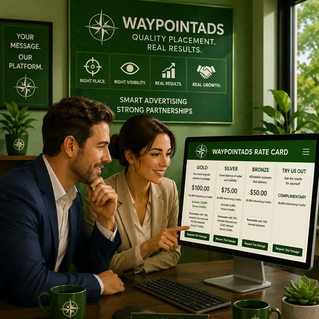 Man and woman review WaypointAds Rate Card advertising packages and credit options together on a computer screen.