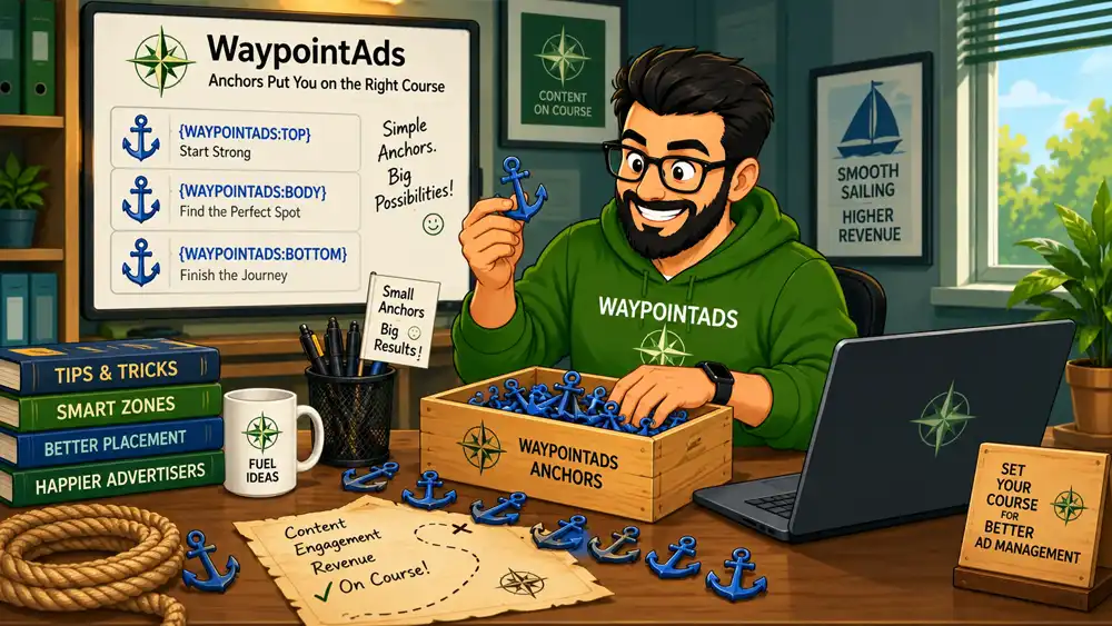 WaypointAds administrator handles small blue ship anchors while demonstrating TOP, BODY and BOTTOM advertising placement within Joomla articles.