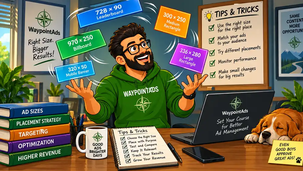 Cartoon WaypointAds administrator juggling colorful ad banners of different sizes while demonstrating advertising tips and tricks in a cheerful office.