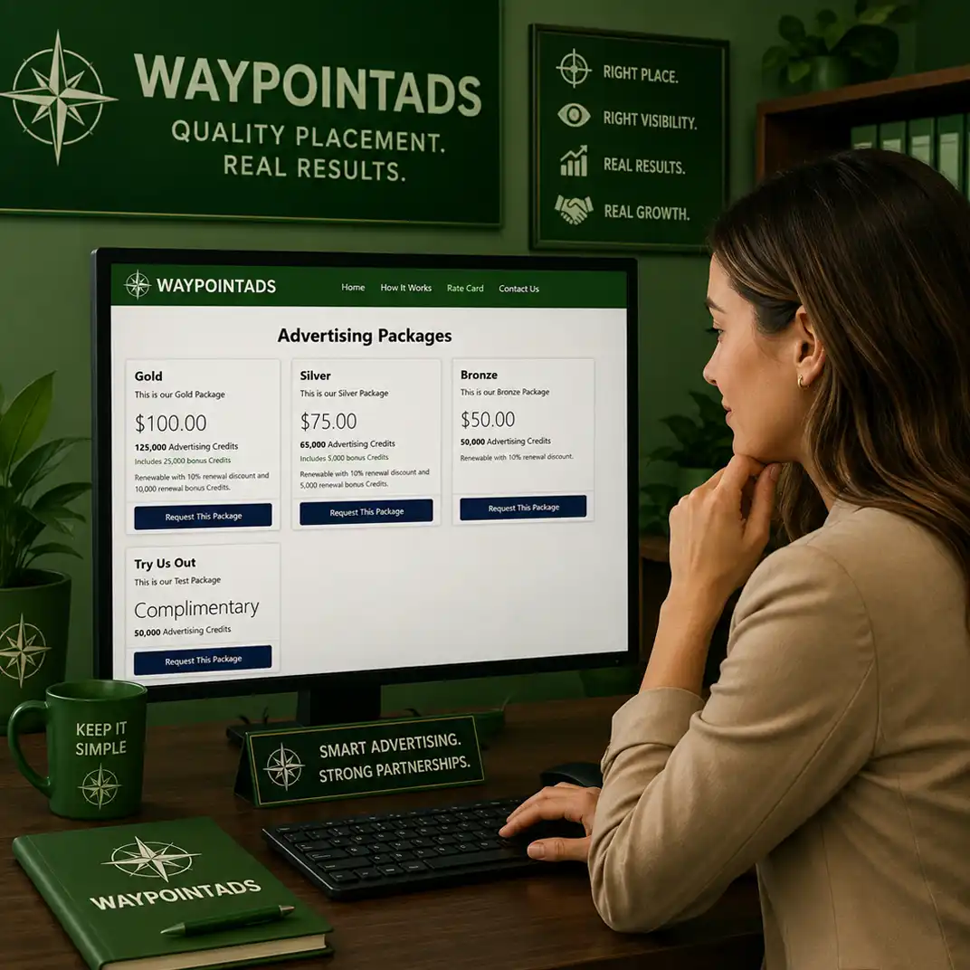 Potential advertiser reviews the WaypointAds Rate Card and available advertising packages before submitting an application.