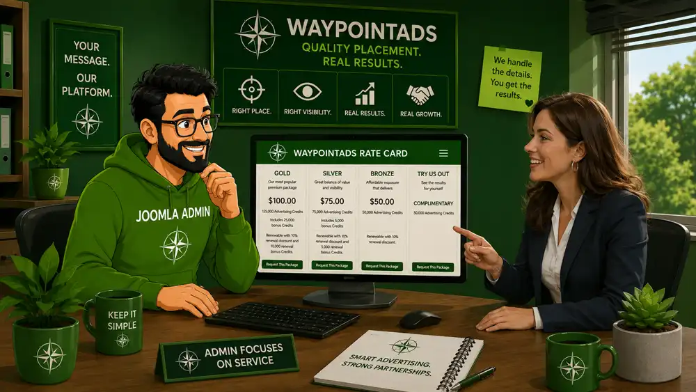 Cartoon-style WaypointAds Administrator meets with a realistic businesswoman as they review advertising options on the WaypointAds Rate Card.