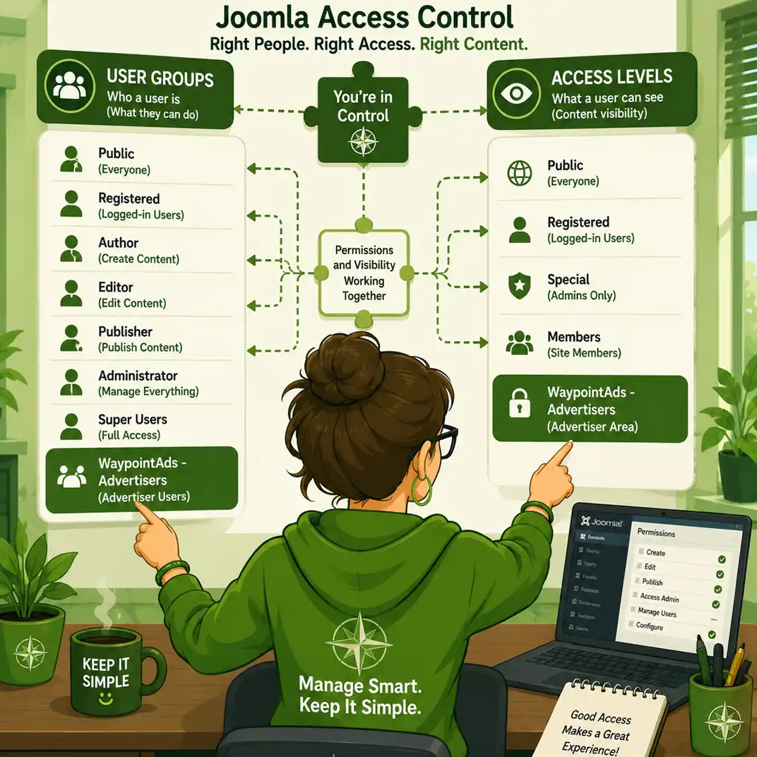 A female Joomla administrator is viewed from behind as she organizes User Groups and Access Levels on a large display. She points to the WaypointAds – Advertisers user group and its matching access level, illustrating how Joomla connects permissions with content visibility. The green-themed office includes a laptop, coffee mug, plants, and WaypointAds branding, reinforcing the extension's philosophy of keeping administration simple and efficient.