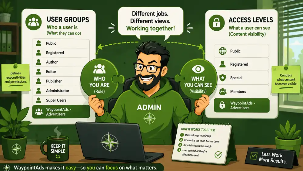 A cheerful Joomla administrator sits at a desk between two large panels labeled User Groups and Access Levels, holding puzzle pieces representing user roles and content visibility. Arrows and diagrams illustrate how the two systems work together, while WaypointAds branding and the message "Keep It Simple" reinforce the extension's philosophy of making website administration easier.