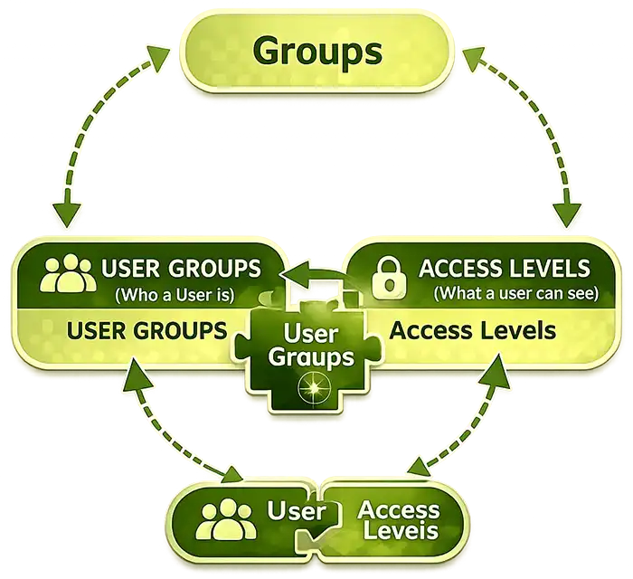 User Groups vs. Access Levels A diagram representing the way Groups, User Groups, and Access Levels work together in Joomla.
