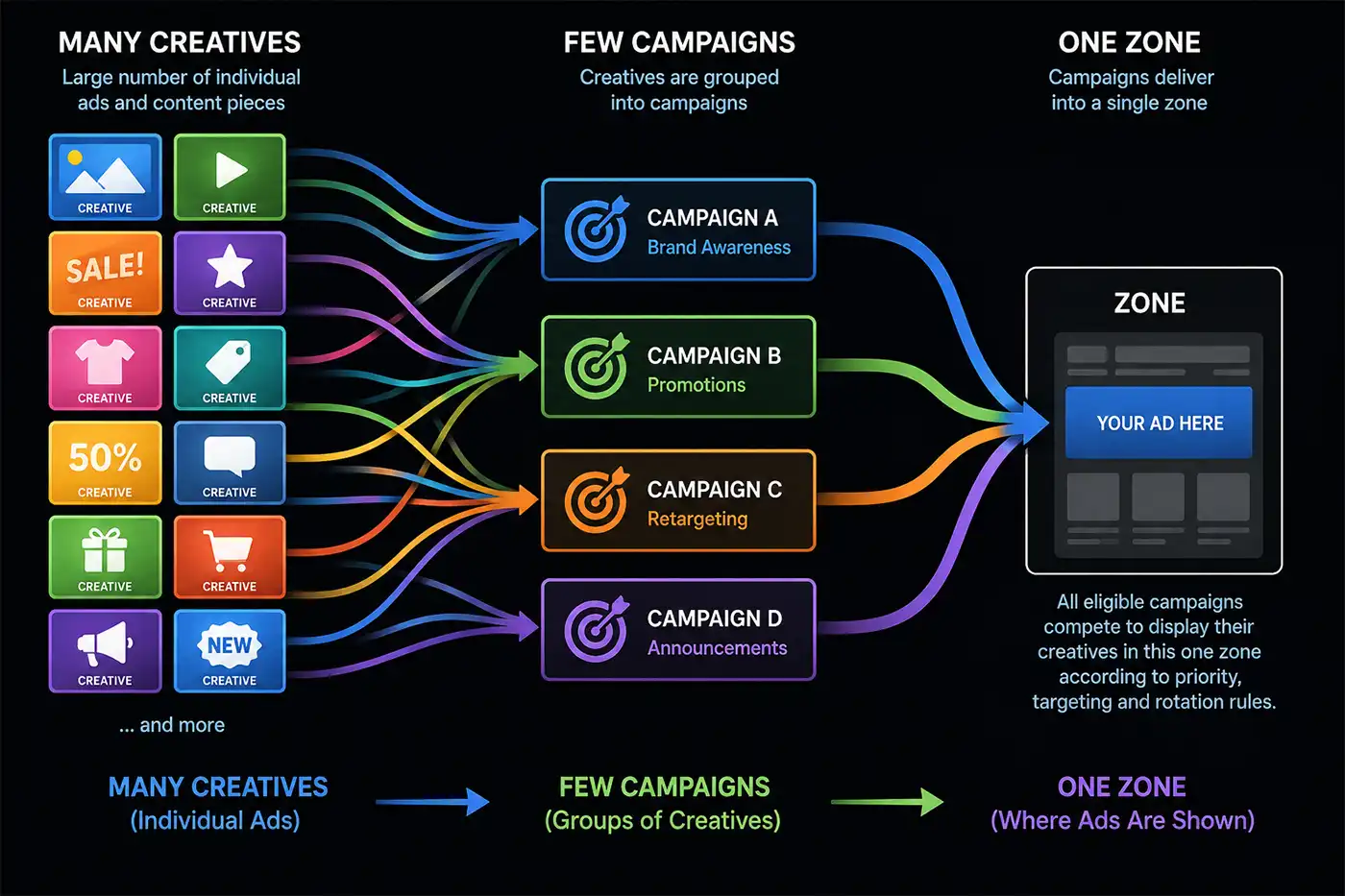 Many Creatives Flow through Advertiser Campaigns into a Zone A Graphic of the Advertising Flow in WaypointAds