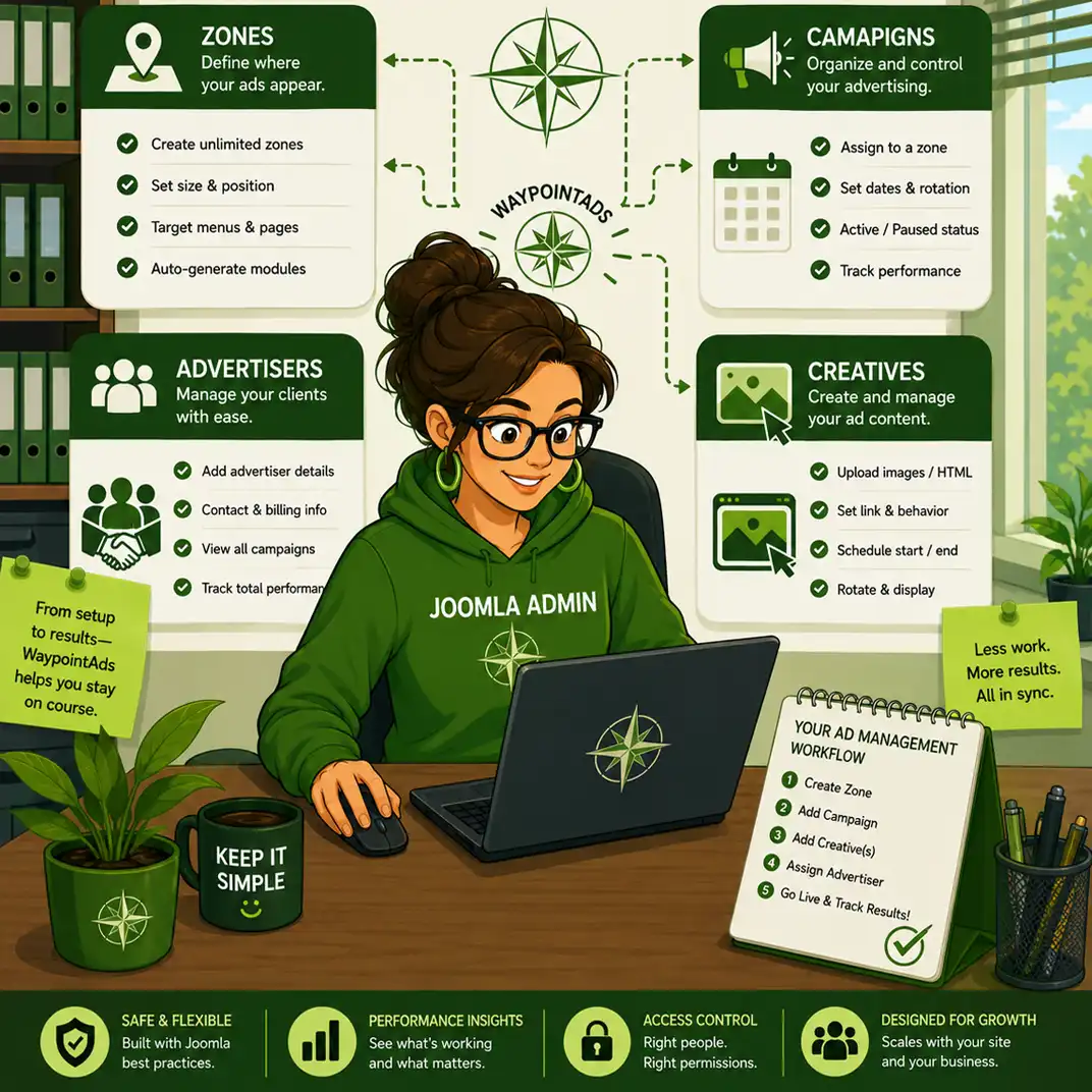 Female Joomla administrator managing WaypointAds Zones, Campaigns, Creatives, and Advertisers from her advertising dashboard.