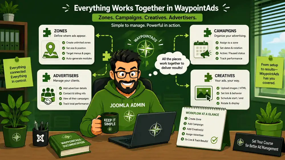 Joomla administrator managing WaypointAds Zones, Campaigns, Creatives, and Advertisers from a connected advertising dashboard.