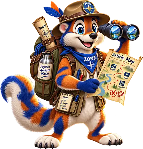 The illusive Zone, a furry beast that is hard to tame. Cute orange, blue and white explorer creature named Zone carries binoculars, a backpack and an Article Map showing images, media, text flow and the best spot for placing an advertisement.