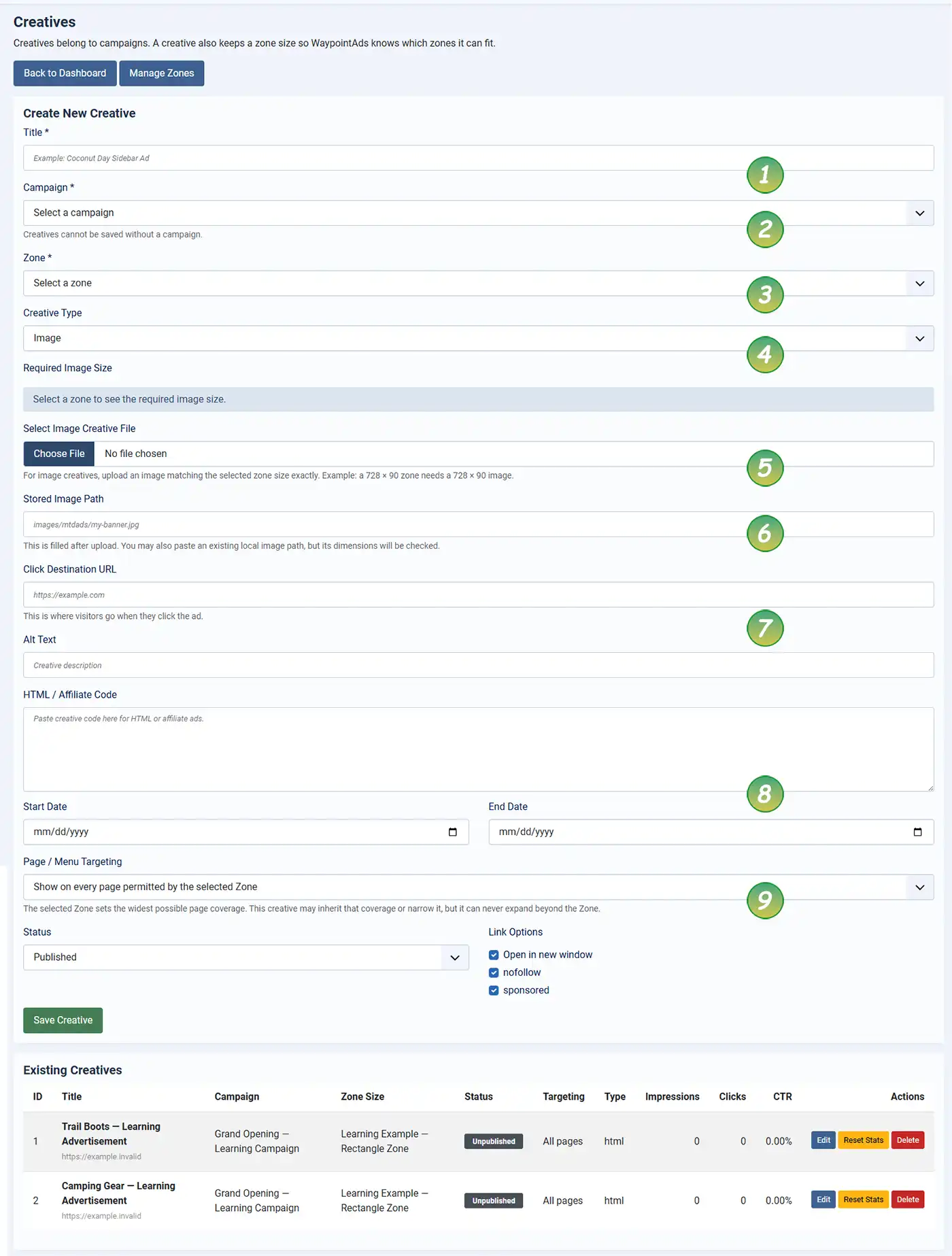 Adding a Creative - The Form inside WaypointAds