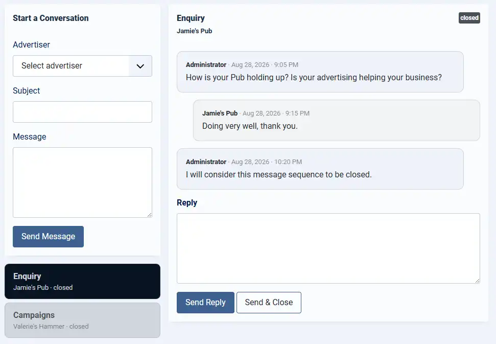 Maintain Direct Communications with your Advertisers The Communications Panel in The Administrator's Backend for messaging advertisers directly.