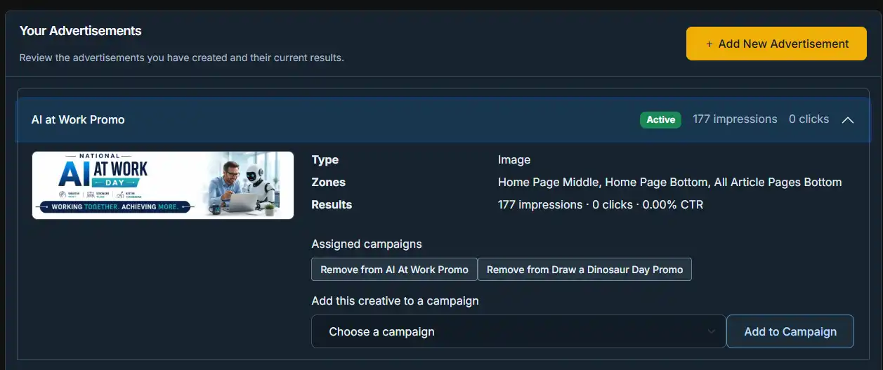 The Advertisement Management Panel within WaypointAds