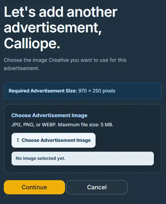 The Advertiser can easily upload a Creative Upload a Creative Panel in WaypointAds