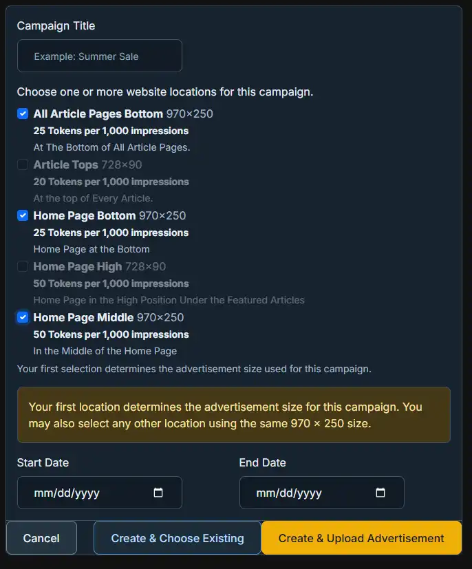 The choice of Zones is determined by the size of the first Zone selected Creating a Campaign Wizard in WaypointAds