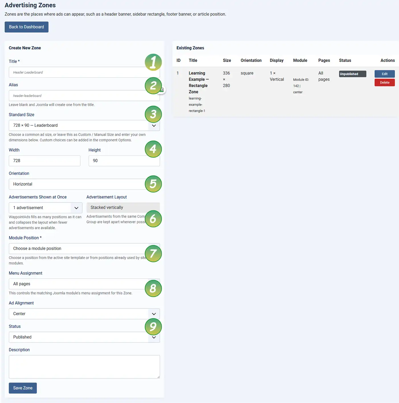 Creating Your First Zone in WaypointAds The Zone Control Panel within WaypointAds