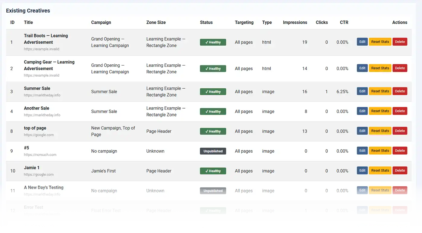 Existing Creatives in WaypointAds Managing Creatives within WaypointAds