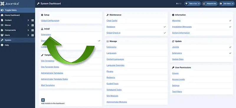 Select the Install/Extensions Link Modern Joomla Backend Installation of Extensions