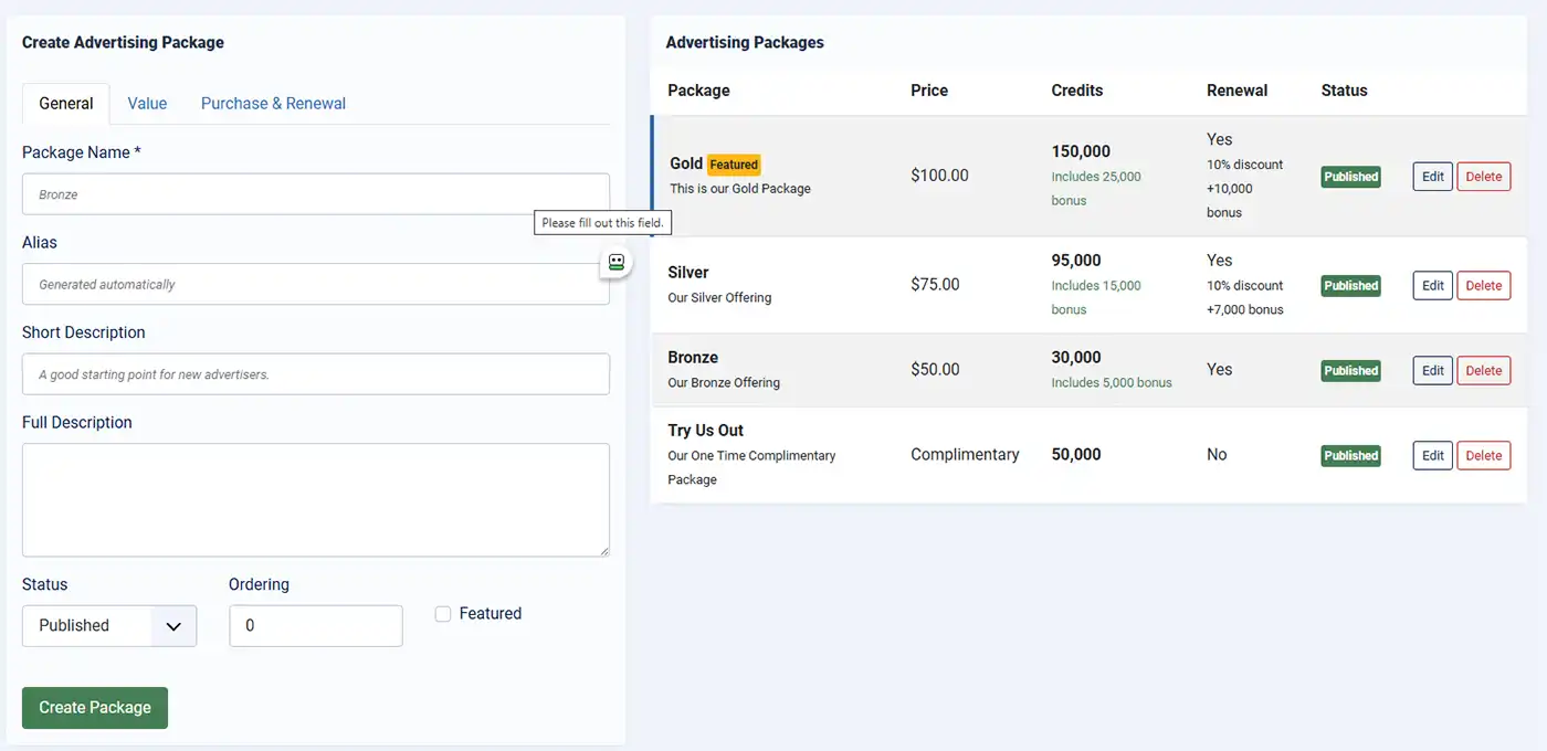 Creating Packages is made easy in WaypointAds The Package Creation Panel in WaypointAds