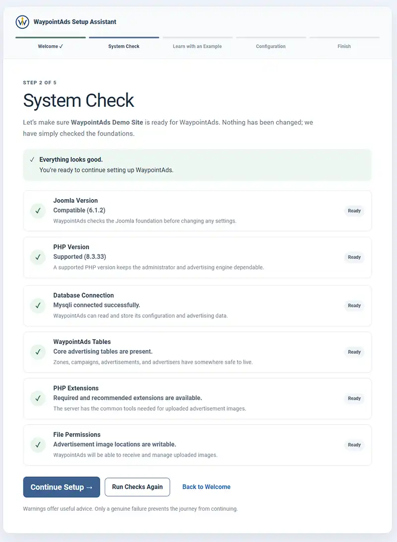 The system check screen which is part of the installation and install verification of WaypointAds