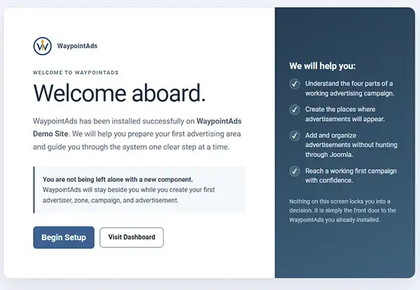 Welcome Aboard WaypointAds Welcome Aboard Screen for WaypointAds