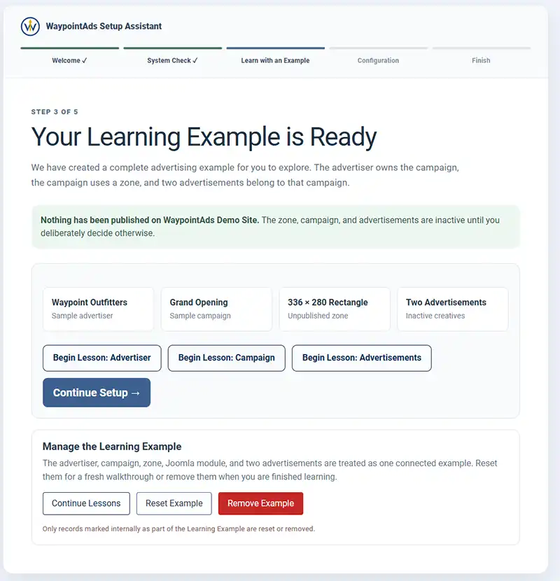 The Learning Examples Screen announces that the Lessons are ready in WaypointAds