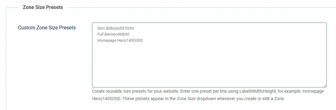 Custom Zone Size Panel Zone Size Options